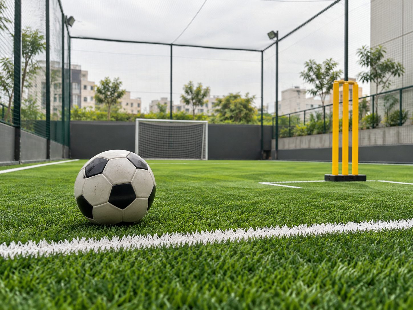 Football and cricket setup on the turf